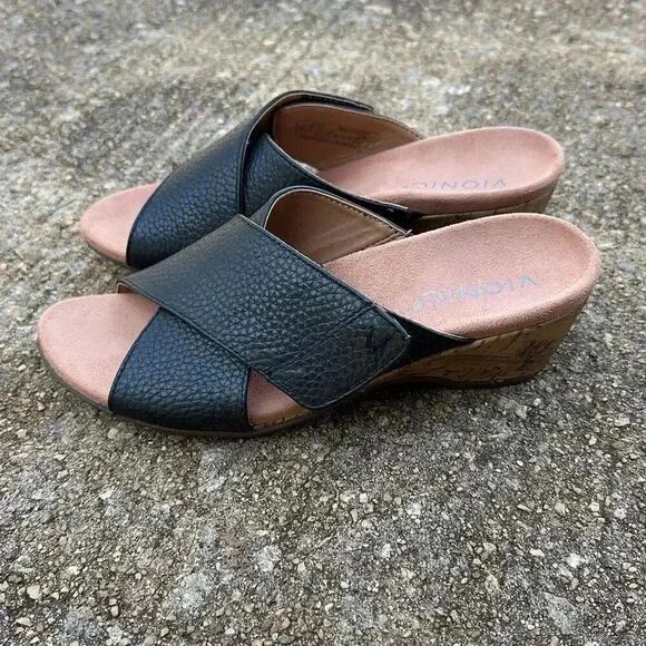 Vionic Leticia Black Leather Lizard Criss Cross Sandal Arch Wedge Women’s Sz 6 - Picture 3 of 8